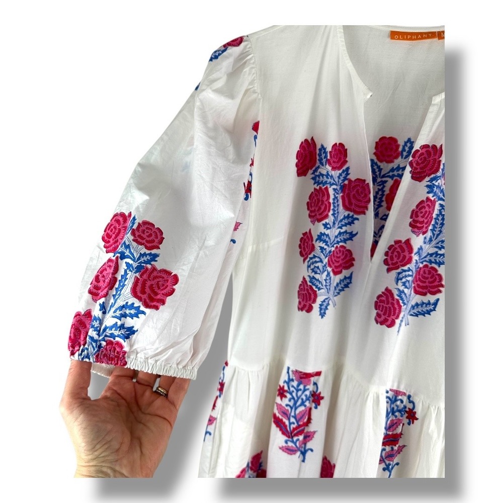 OLIPHANT Puff Maxi Dress Verna Red Blue Floral Tiered Skirt Puff Sleeve Cotton - Picture 6 of 16